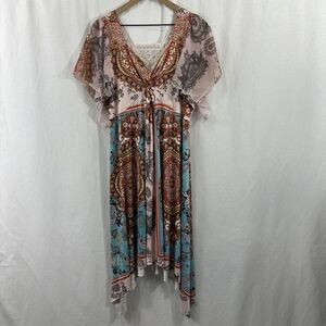 One World Shark Bite Hem Flutter Sleeve Boho Hippie Dress Womens Size 1X Stretch